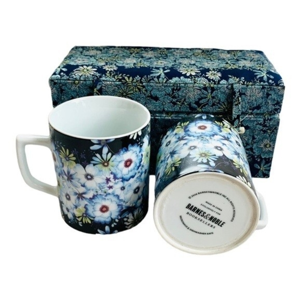 Barnes & Noble Floral Ceramic Mug Set of 2 Blue Multicolor Boxed Gift New - Picture 4 of 6